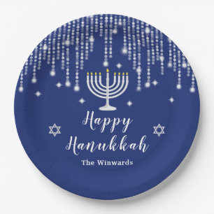 Prato De Papel Luzes de Corda Azuis e Prateadas Feliz Hanukkah