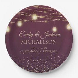 Prato De Papel Luzes de Corda Elegantes Burgundy Dourado Casament