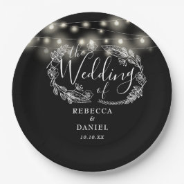 Prato De Papel Luzes de Corda Floral Casamento Preto e Branco
