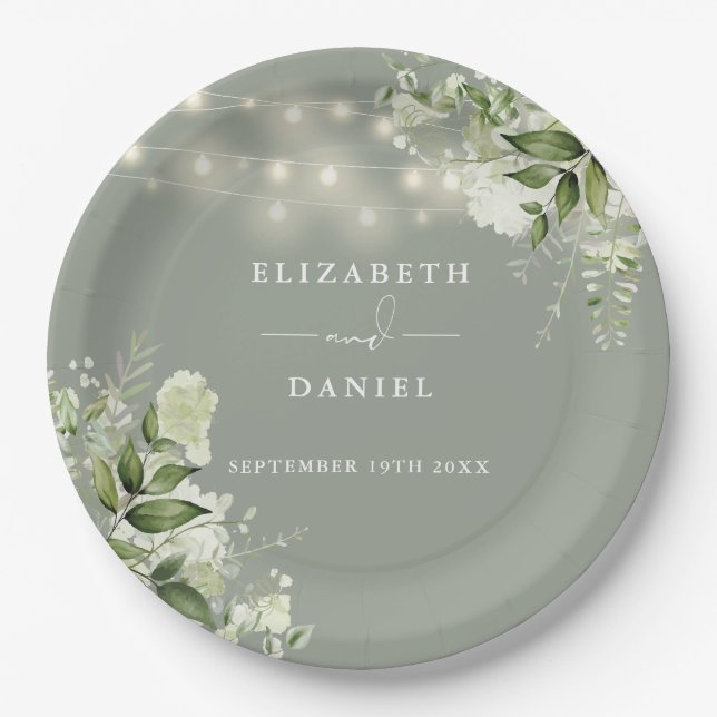 Prato De Papel Luzes de Corda Floral Verdes Musgo Casamento (Frente)