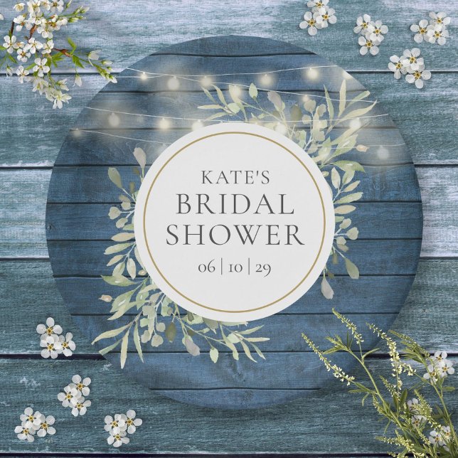 Prato De Papel Luzes de Corda Rústicas Chá de Noiva Verde (Rustic String Lights Greenery Bridal Shower Paper Plates)