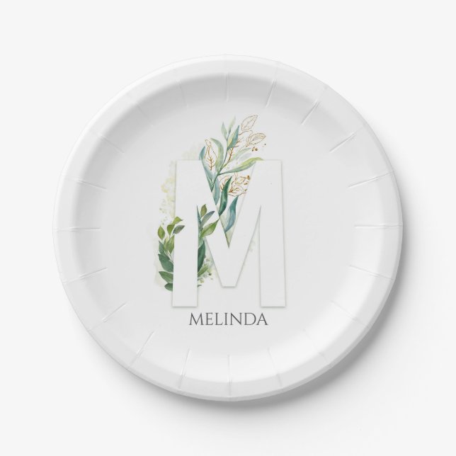 Prato De Papel M Monograma Folhas de Verdor Dourado Nome Elegante (Frente)