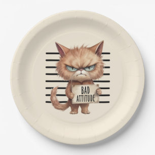 Prato De Papel Má Atitude Cat Mugshot - Design Felino Engraçado