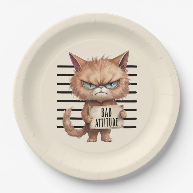 Prato De Papel Má Atitude Cat Mugshot - Design Felino Engraçado (Frente)