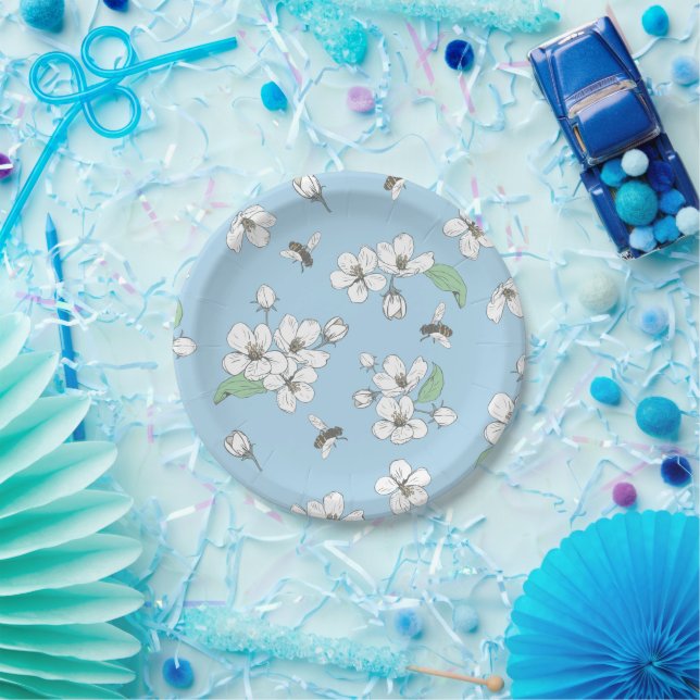 Prato De Papel Maçã Flor Mel Azul (Festa)