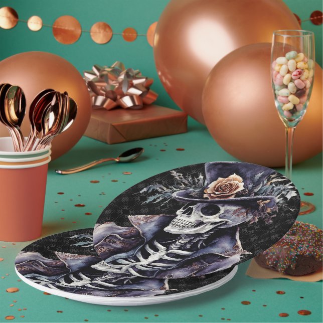 Prato De Papel Macabre Laranja & Púrpura Esqueleto de Aquarela (Múltiplo)