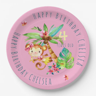 Prato De Papel Macaco Fofo Azul Personalizado Feliz Aniversário
