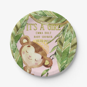 Prato De Papel Macaco Fofo Menina Rosa Tropical