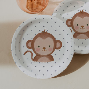 Prato De Papel Macaco Safari Azul de Bolinhas Meninos Selvagens