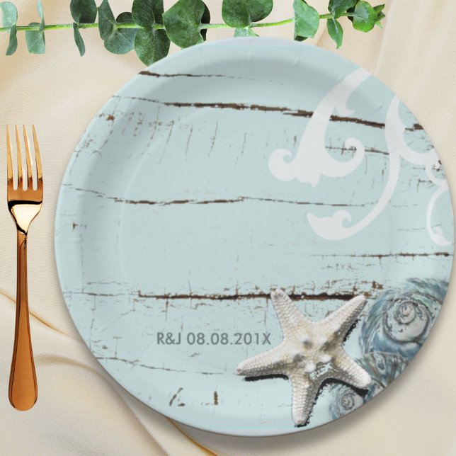 Prato De Papel Madeira legante BLue Seashells Beach (Elegant wood BLue Seashells Beach Wedding favor Paper Plates)