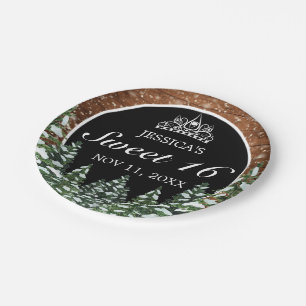Prato De Papel Madeira Negra e Floresta Pine Tiara Sweet 16