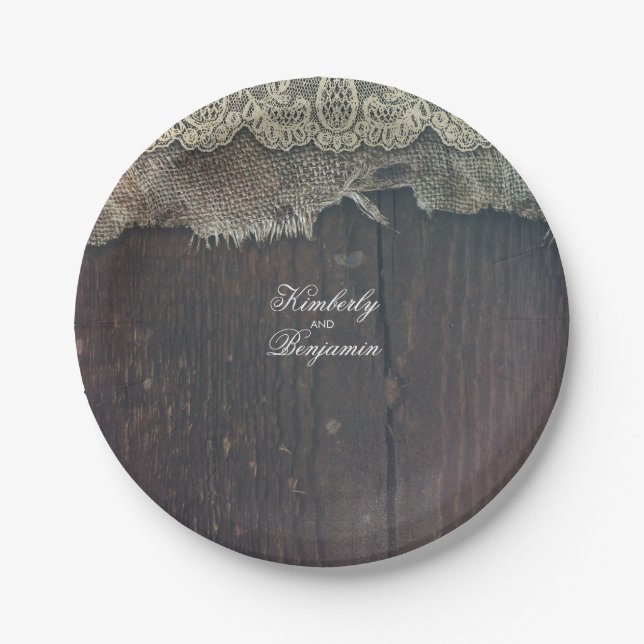 Prato De Papel Madeira Rústica de Barão e Shabby Burlap Lace Anti (Frente)