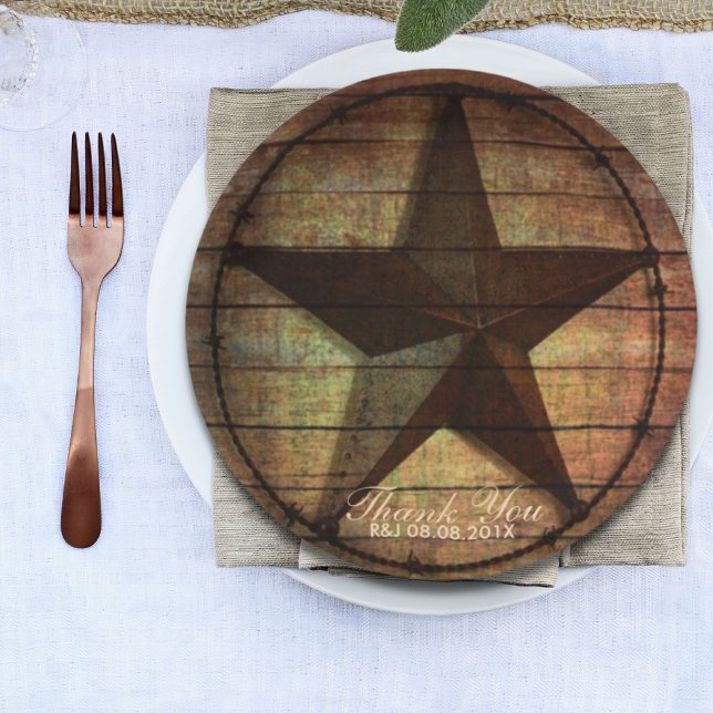 Prato De Papel madeiras-do-mato-rústico-estrela-do-mato-estrela f (rustic barn wood texas star western wedding favor paper plates)