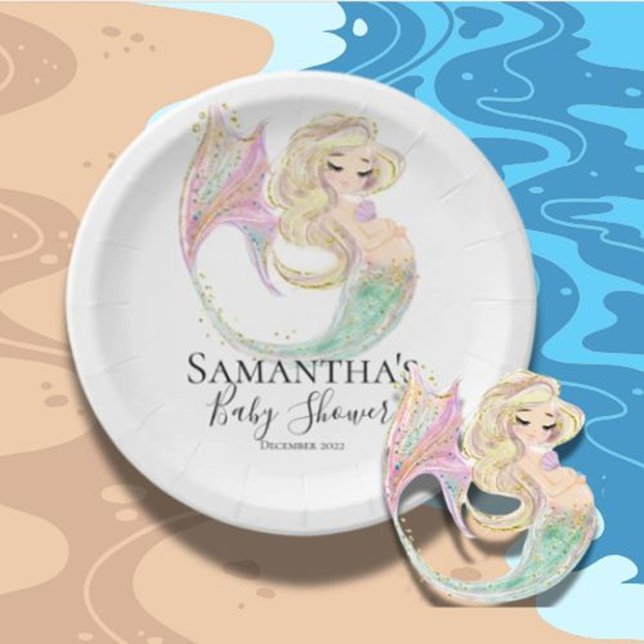 Prato De Papel Mãe Chá de fraldas Sereia (Celebrate the mom-to-be with enchanting mermaid baby shower paper plates, perfect for creating magic)
