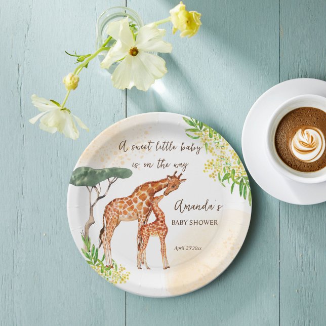 Prato De Papel Mãe de Girafa e chá de fraldas de safari africano  (Giraffe safari baby shower cute giraffe mom and baby customized name Paper Plates personalized decor)