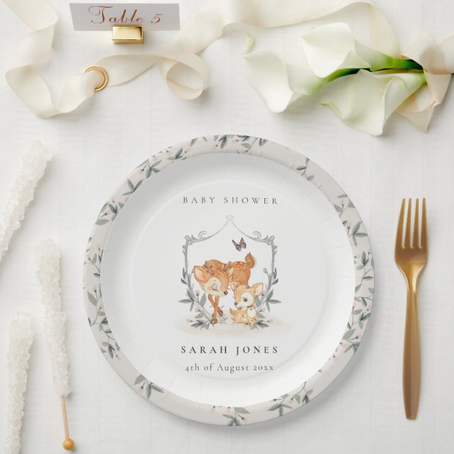 Prato De Papel Mãe Elegante Deer Fawn Floral Crest Chá de fraldas (Casamento)