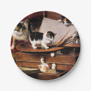 Prato De Papel Mãe Gato e Gatinhos na Mesa