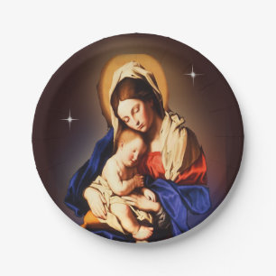 Prato De Papel Mãe Maria e filho Jesus
