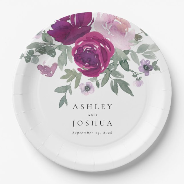 Prato De Papel Magenta Blush Floral Bouquet White Wedding (Frente)