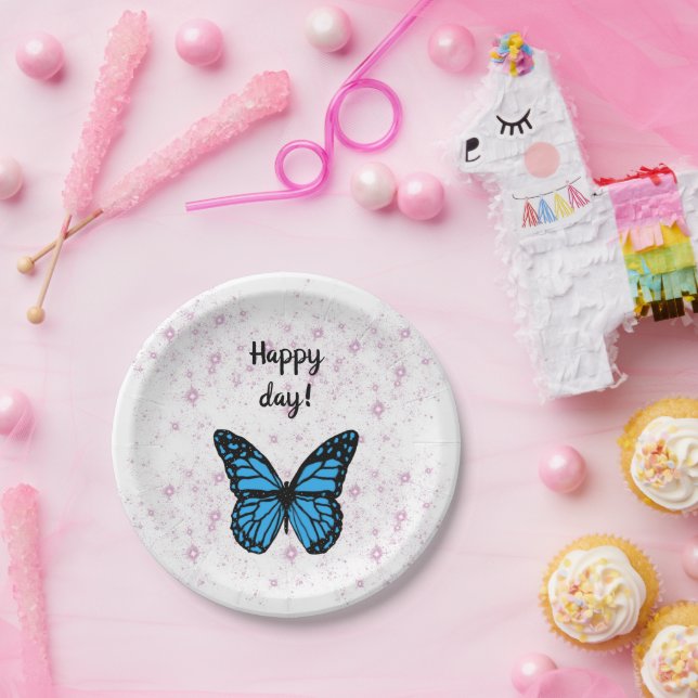 Prato De Papel Magical blue butterfly pink glitter art (Festa)