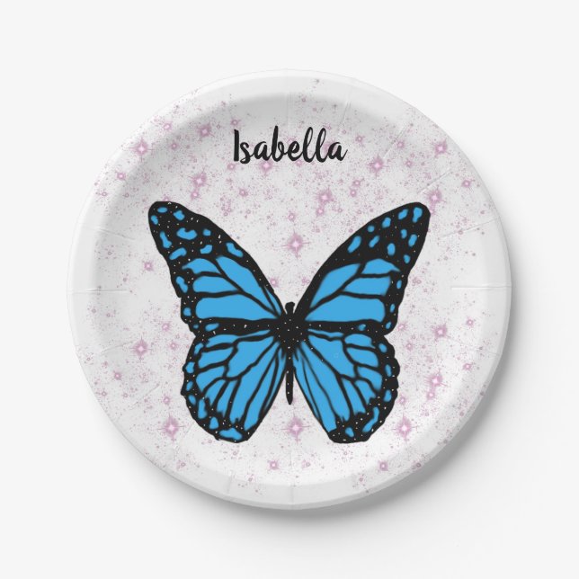 Prato De Papel Magical blue butterfly pink glitter art (Frente)