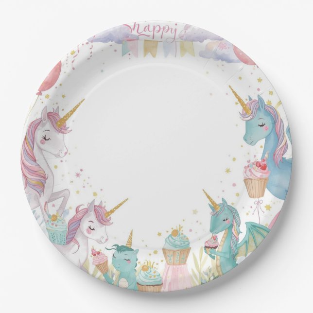 Prato De Papel Magical Mermaids Unicorns Rainbow Birthday Party (Frente)