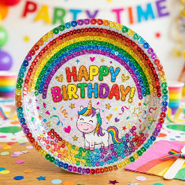 Prato De Papel Magical Rainbow Unicorn Sequin Print Birthday