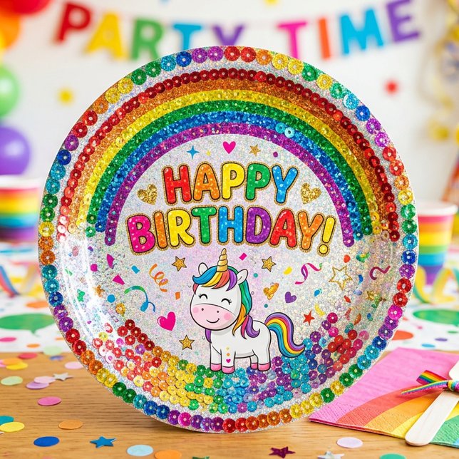 Prato De Papel Magical Rainbow Unicorn Sequin Print Birthday (Criador carregado)