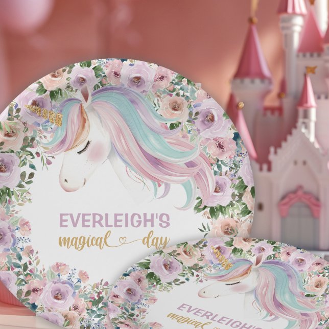 Prato De Papel Magical Unicorn Purple Flower 1st birthday (Criador carregado)