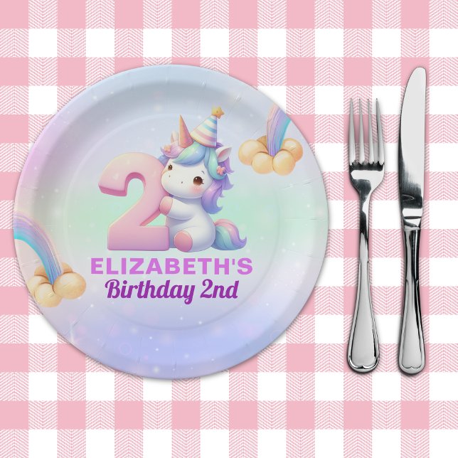 Prato De Papel Magical Unicorn Rainbow 2nd Birthday Party  (Criador carregado)