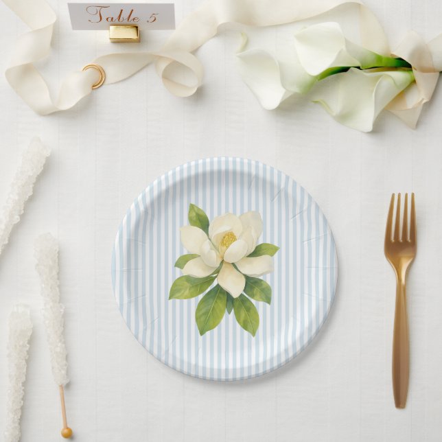 Prato De Papel Magnolia Flower Custom Wedding Blue Stripe (Casamento)