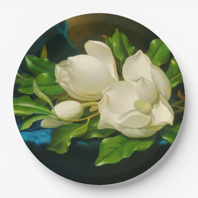 Prato De Papel Magnolias gigantes em um pano veludo azul (Heade) (Frente)