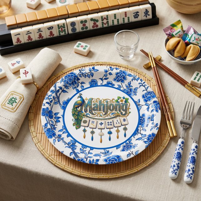 Prato De Papel Mahjong Azul de Chinoiserie  (Criador carregado)