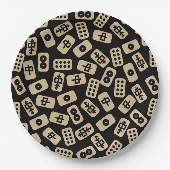 Prato De Papel Mahjong azulejos bege em preto (Frente)