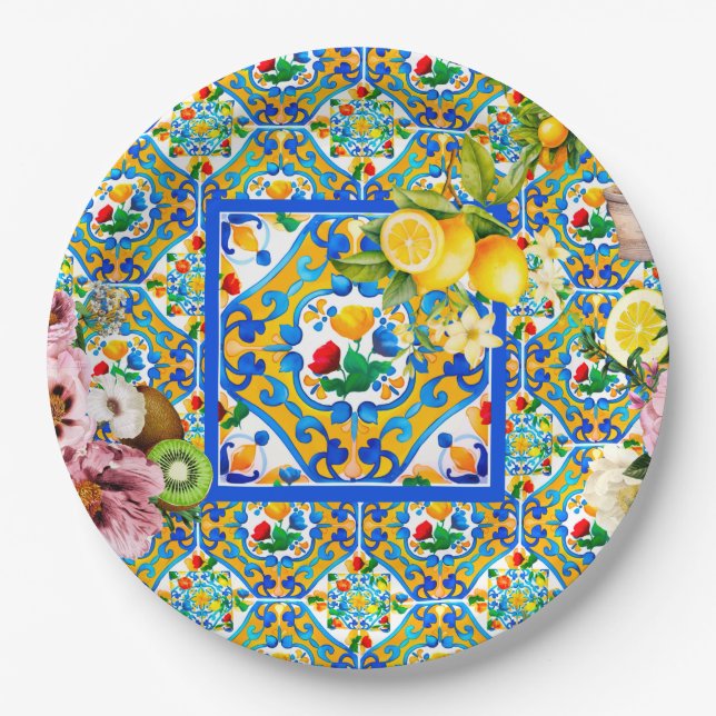 Prato De Papel Majolica, limão, azulejos sicilianos, (Frente)