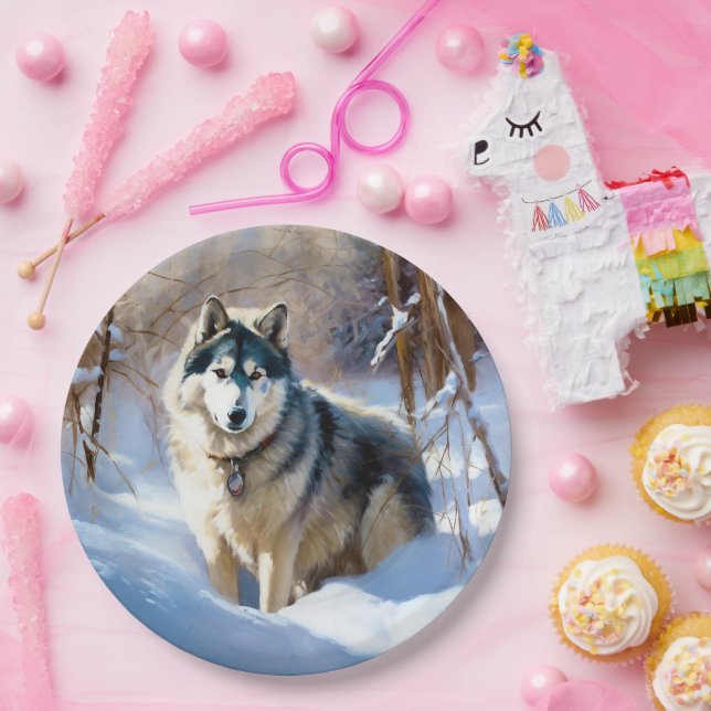 Prato De Papel Malamute Aaskan Deixe Nevar Natal (Festa)