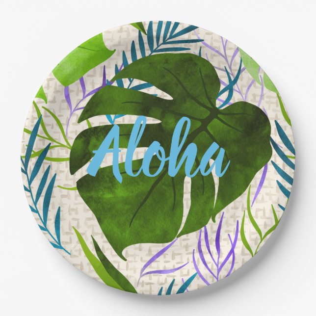 Prato De Papel Maleah Monstera Tropical Havaiana - Verde-Aquarela (Frente)