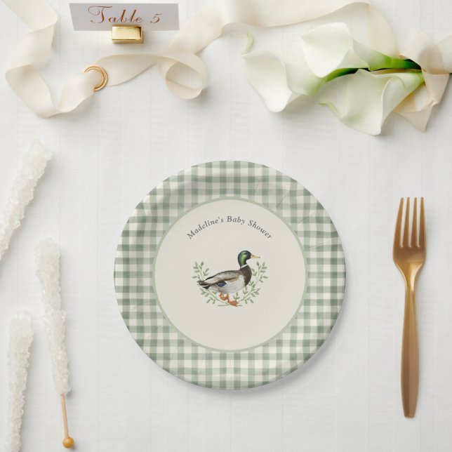 Prato De Papel Mallard Duck Sage Green Gingham Baby Shower (Casamento)