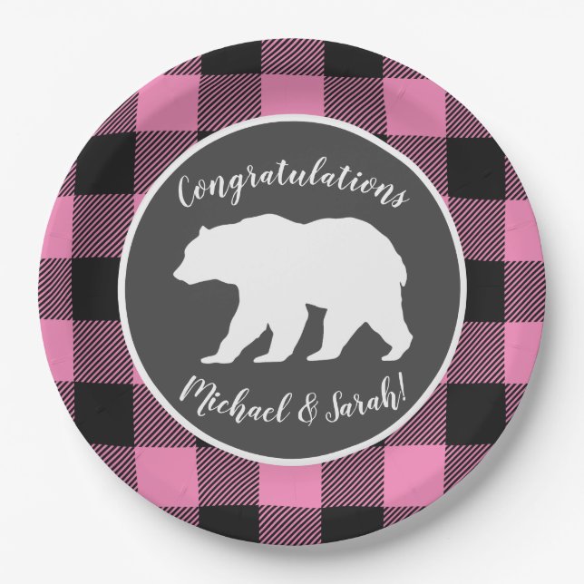 Prato De Papel Mama Bear Chá de fraldas Rosa (Frente)