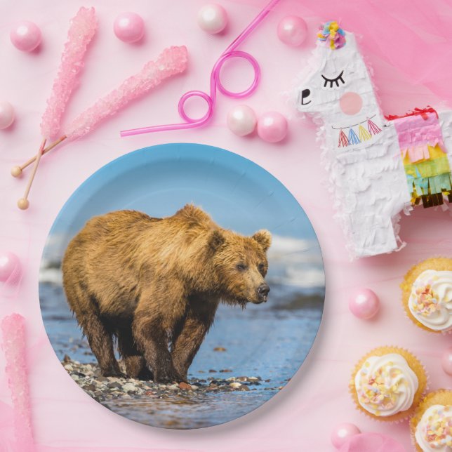 Prato De Papel Mamãe urso observando seus dois filhos (Festa)