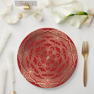 Prato De Papel Mandala Art Boho Elegante Dourado Natal Vermelho N