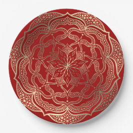 Prato De Papel Mandala Art Boho Elegante Dourado Natal Vermelho N