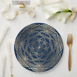 Prato De Papel Mandala Art Boho Elegante Marinho Dourado Natal Az