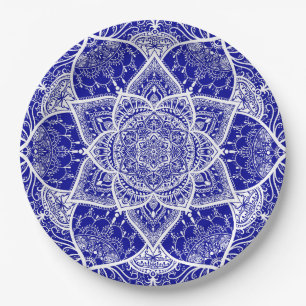 Prato De Papel Mandala azul e branca - Loergann em Sapphire