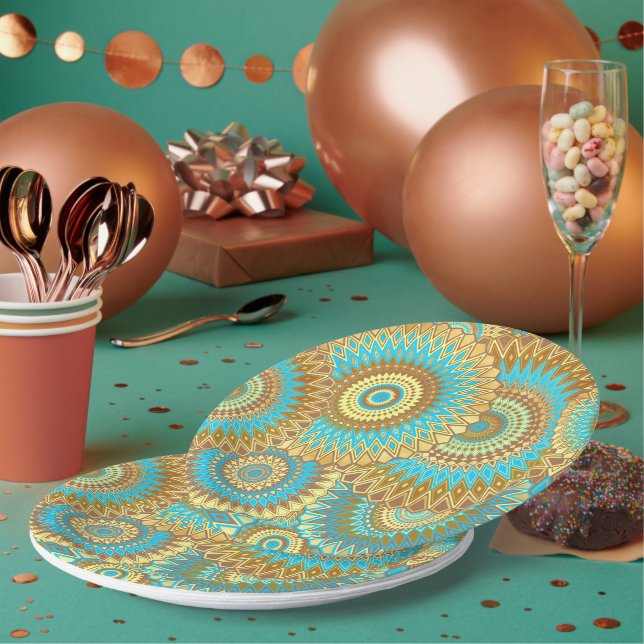 Prato De Papel Mandala Azul Marrom Dourado Sobreposto (Múltiplo)