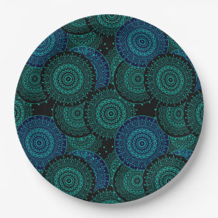 Prato De Papel Mandala azul-turquesa, redonda, sobre fundo negro