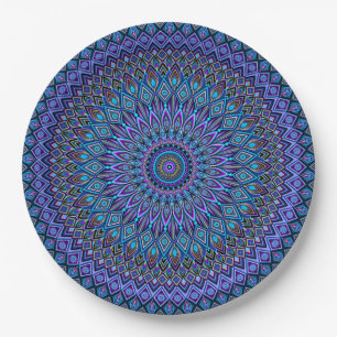 Prato De Papel Mandala Boho Blue Teal Purple Peacock Vibrante