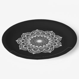 Prato De Papel Mandala Branco em Fundo Preto