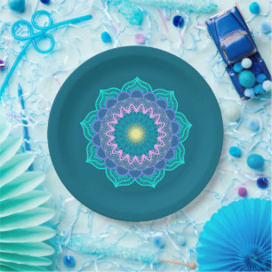 Prato De Papel Mandala Colorida em Fundo Azul