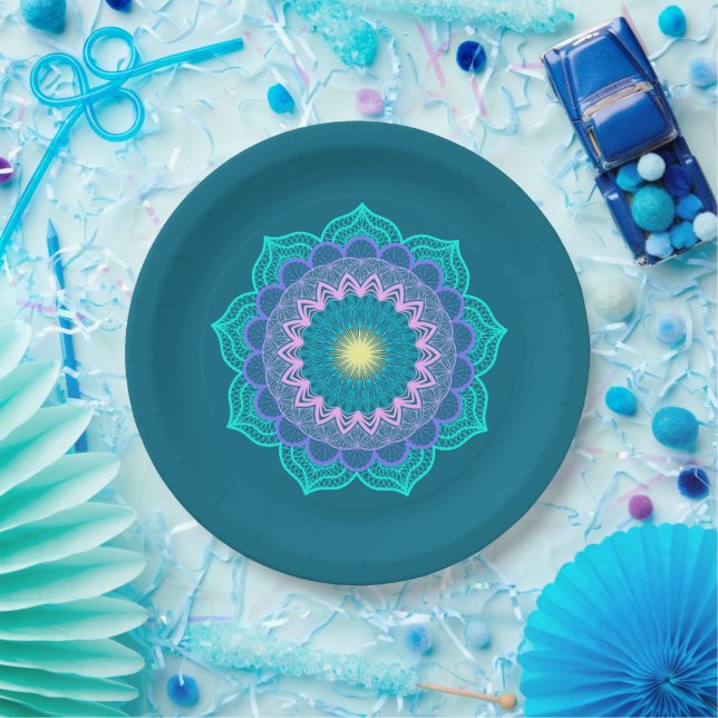 Prato De Papel Mandala Colorida em Fundo Azul (Festa)